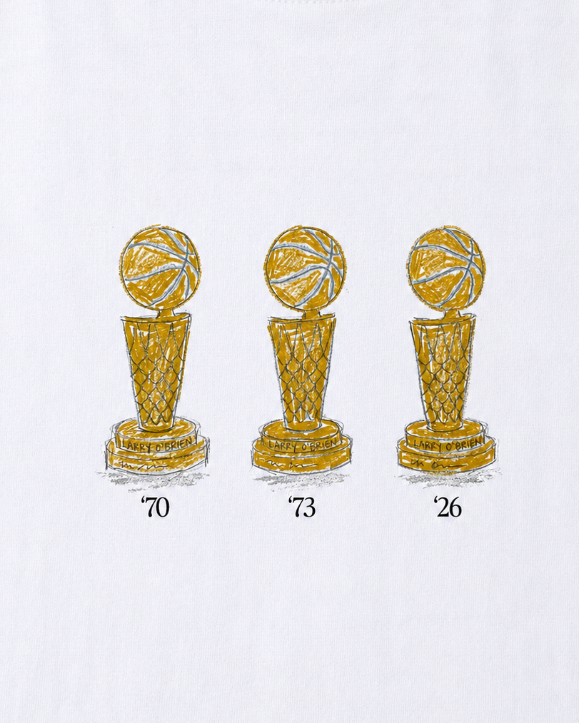 White t-shirt with three gold trophy designs and numbers on a white background